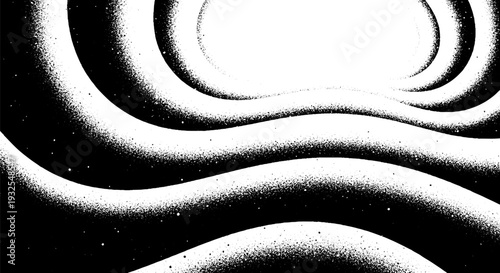 Abstract wavy black and white background with granular texture, creating a dynamic and ethereal cosmic effect.
