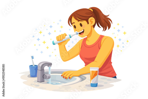 Young caucasian female brushing teeth at bathroom sink in cartoon style.