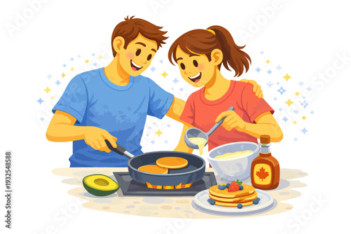 Asian young male and female cooking pancakes together in a cheerful kitchen.