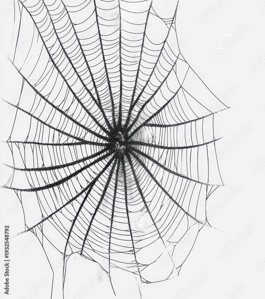 Obraz premium intricate circular spider web with radiating silk threads and fractured strands against a pale background, evoking delicate, haunting stillness
