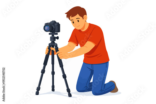 Young hispanic male photographer setting up camera on tripod.