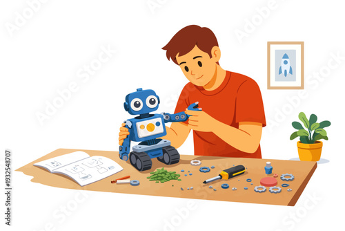Young caucasian male assembling robot at workshop table with tools and instructions.