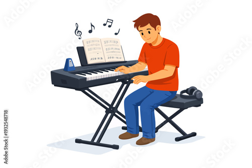 Young male practicing keyboard music with notes and metronome.
