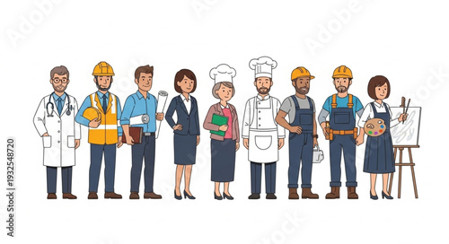 Diverse group of professionals standing together, representing various occupations and careers.