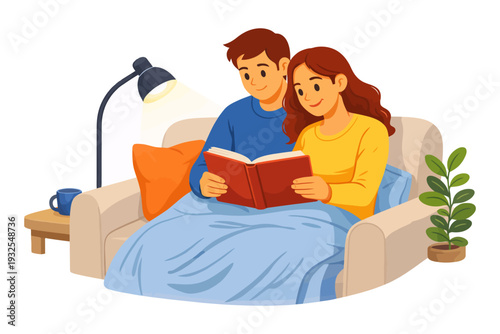 Young caucasian couple reading together on couch under cozy blanket.