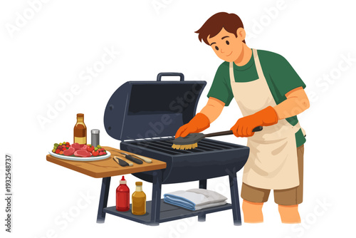 Young caucasian male grilling meat and cleaning bbq grill with utensils.