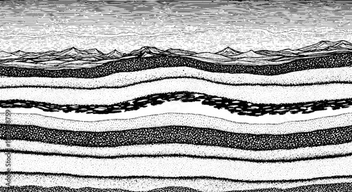 Cross-section illustration of earth layers and landscape, showing strata, mountains, and sky in a detailed line art style.