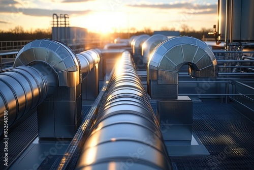 Sunlit industrial rooftop with reflective metal pipes and curved ventilation ducts at sunset, calm golden atmosphere