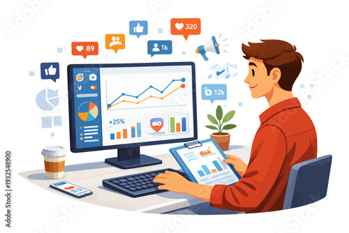 Young adult caucasian male analyzing social media metrics on computer in office.