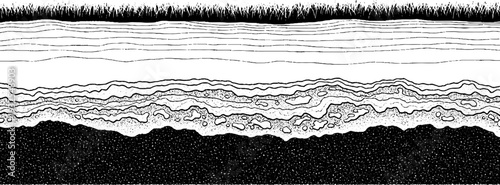 Cross-section of Earth layers with grass texture, showing soil strata, rock formations, and underground strata in black and white abstract illustration.
