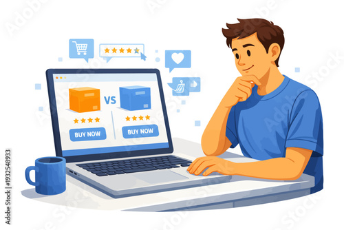 Young caucasian male shopping online and comparing products on laptop.