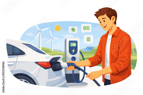 Young caucasian male charging electric car at charging station with wind turbines.