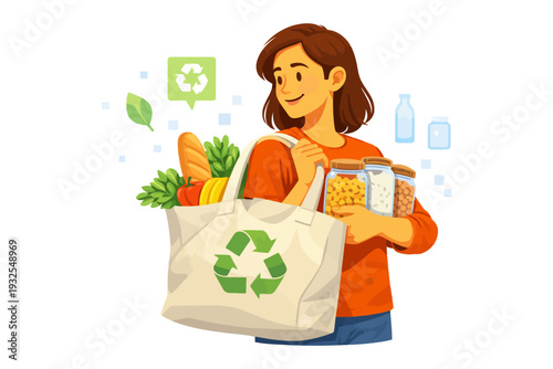 Young caucasian female embracing eco-friendly lifestyle with reusable grocery bag.