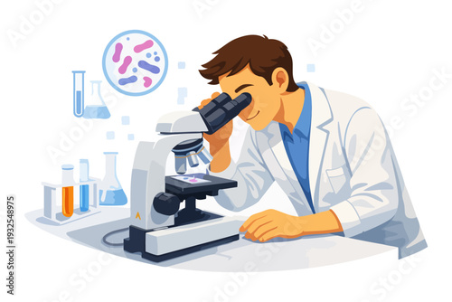Young caucasian male scientist examining samples under microscope in laboratory.