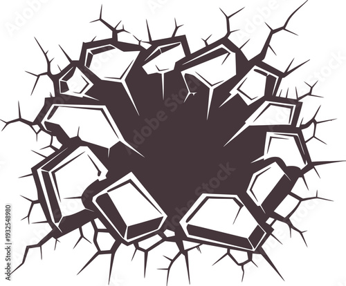 Cracked hole explosion background with broken bricks and debris impact. Dramatic fracture shows damage, force, and destruction depth. Ideal for posters, games, scenes, and concept design.