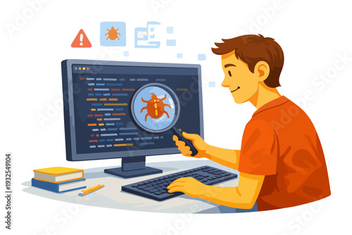 Male adult debugging computer code with magnifying glass.