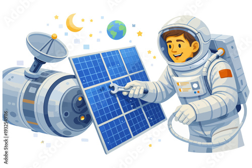 Young hispanic male astronaut repairing satellite in space with smiling expression.