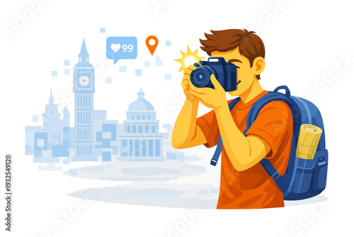 Young caucasian male tourist photographing iconic london landmarks with camera.