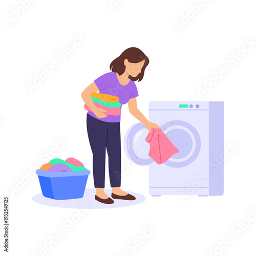 Washing Clothes, Cleaning garments using washing machine or handwash method, Flat vector character illustration
