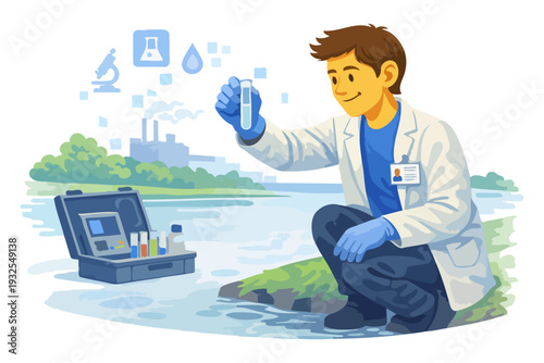 Young male scientist conducting water quality test near industrial area.