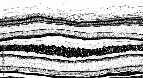 Layered geological cross-section illustration with various strata, gravelly textures, and distant mountains, rendered in monochrome stipple art.