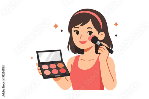Asian female applying makeup with brush and palette in hand on white background.
