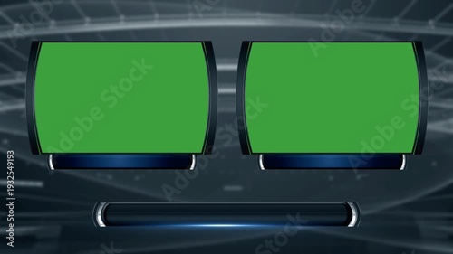 3d virtual news studio green screen background for sports broadcast, 2 display, gallery background, space for lower third side by side