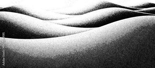 Abstract monochrome landscape of flowing, undulating shapes and soft light, created with stippling technique, evoking serene desert dunes.