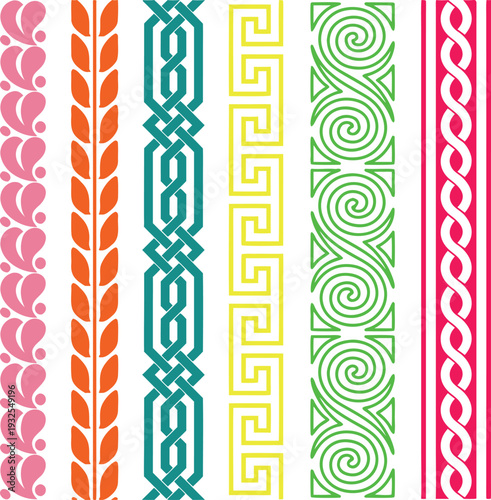 Decorative border pattern set with colorful geometric and floral ornaments. Elegant vertical trims feature seamless repeat lines and classic motifs. Ideal for packaging, frames, invitations.