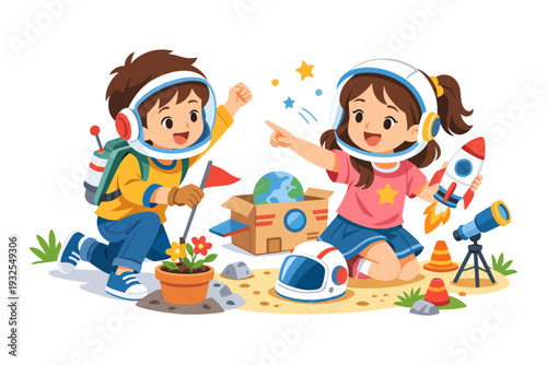 Asian children playing astronauts with cardboard rocket in adventure scene.