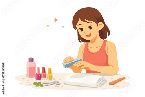 Young asian female manicuring nails with beauty products at table.