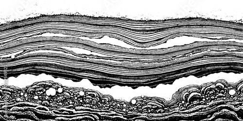 Intricate black and white abstract texture with layered strata and organic bulbous forms, resembling geological cross-section or microscopic view.