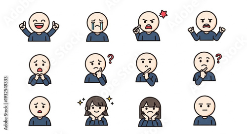 Diverse collection of illustrated human emotion expressions on white background.