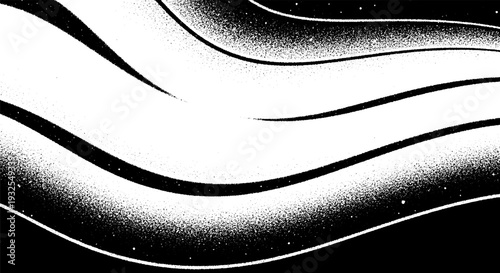 Abstract wavy pattern with stippled texture and starry effect in black and white, creating a sense of depth and ethereal movement for backgrounds.