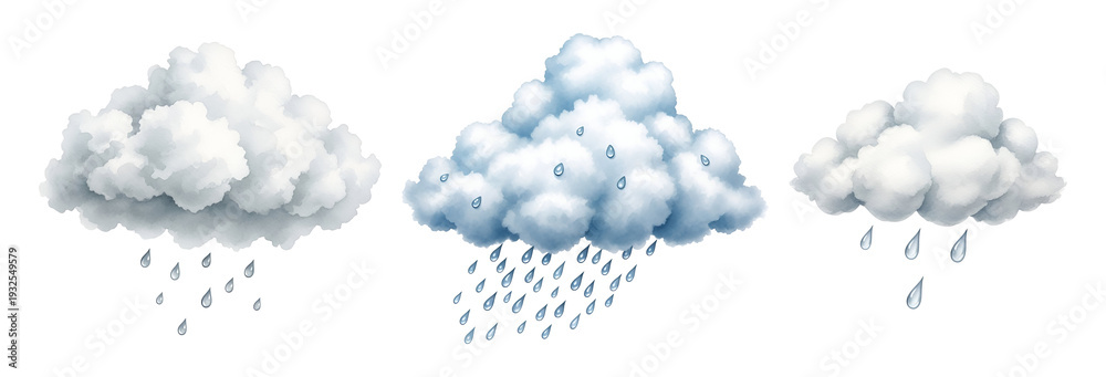 Fototapeta premium Three white rain clouds with raindrops on transparent background