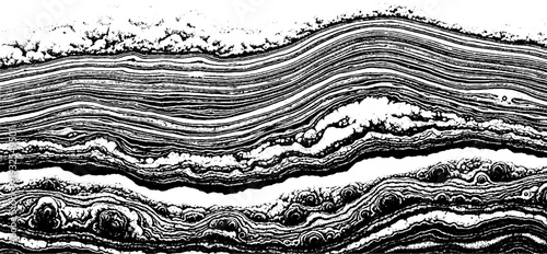 Abstract monochrome texture of layered strata with organic, bulbous forms, evoking geological formations or microscopic organisms.