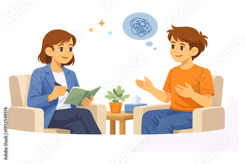 Cartoon therapy session with asian female therapist and caucasian male teen discussing emotions.