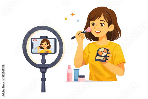 Young asian female vlogger applying makeup in front of camera setup.