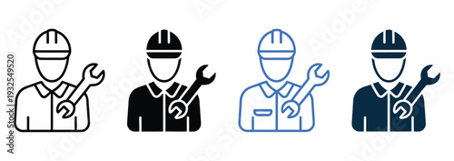 Technician multiple style icon vector design featuring technician holding wrench and screwdriver, representing system support, repair personnel, maintenance services, and modern line, solid, and color