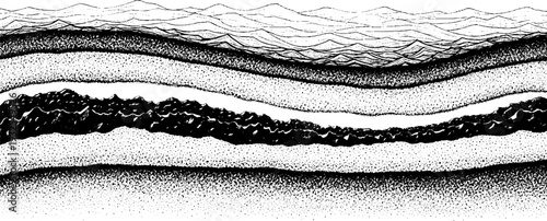 Detailed black and white illustration of geological layers, including sediment, rock, and organic textures, suggesting subterranean cross-section.