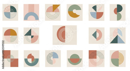 Geometric abstract art collection featuring colorful shapes and minimalist designs for modern aesthetics.