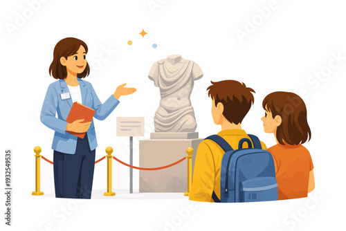 Museum tour guide explains ancient statue to young visitors.