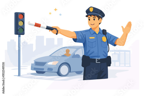 Young asian male police officer directing traffic at city intersection.