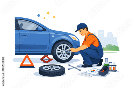 Caucasian male mechanic changing car tire outdoors with tools.