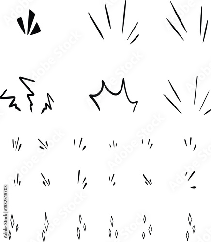 Comic impact lines set with hand drawn action marks and motion effects. Minimal black stroke elements show speed, force, and emphasis. Ideal for comics, manga, posters, graphic design.