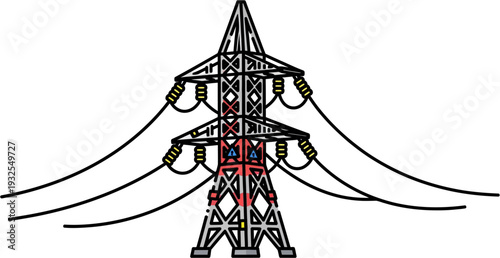A detailed illustration of a metal electricity pylon with multiple power lines extending from its structure, set against a white background.