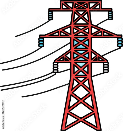 Red electricity pylon with power lines, a stylized illustration of an energy transmission tower.
