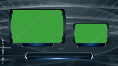3d virtual news studio green screen background for sports broadcast, 2 displays, gallery background, space for lower third