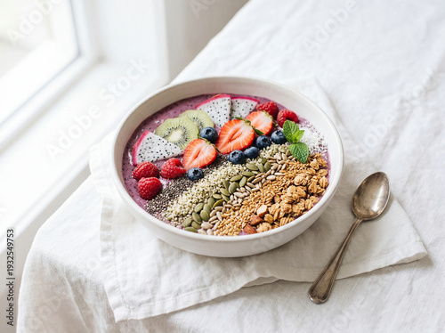 Healthy Acai Smoothie Bowl Topped with Dragon Fruit, Fresh Berries, Kiwi, Seeds, and Granola on White Linen