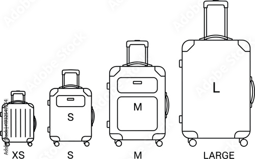 Suitcase size comparison icons set with travel luggage XS S M L vector illustration collection